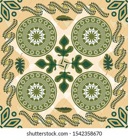 Seamless exotic abstract pattern of leaves and plates. Creative collage in shades of green. Template for Wallpaper, web design, fabrics, shawls, scarves.