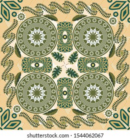 Seamless exotic abstract pattern of leaves and plates. Creative collage in shades of green. Template for Wallpaper, web design, fabrics, shawls, scarves.