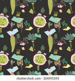 Seamless exotic background texture with cactus, fruits, potted plants. Can be used for wallpaper, web, design, textile and other