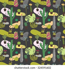 Seamless exotic background texture with cactus, fruits, potted plants. Can be used for wallpaper, web, design, textile and other