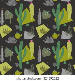Seamless exotic background texture with cactus, fruits, potted plants. Can be used for wallpaper, web, design, textile and other