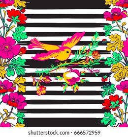 Seamless exotic bird flying and botanical border frame with tropical flowers print stripes pattern geometric retro background vector design, fashion, shirt, textile, greeting card, invitation, wedding