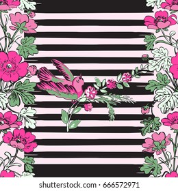 Seamless exotic bird flying and botanical border frame with tropical flowers print stripes pattern geometric retro background vector design, fashion, shirt, textile, greeting card, invitation, wedding