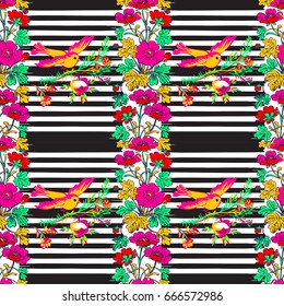 Seamless exotic bird flying and botanical border frame with tropical flowers print stripes pattern geometric retro background vector design, fashion, shirt, textile, greeting card, invitation, wedding