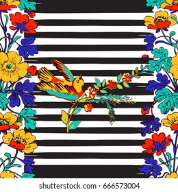 Seamless exotic bird flying and botanical border frame with tropical flowers print stripes pattern geometric retro background vector design, fashion, shirt, textile, greeting card, invitation, wedding