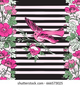 Seamless exotic bird flying and botanical border frame with tropical flowers print stripes pattern geometric retro background vector design, fashion, shirt, textile, greeting card, invitation, wedding