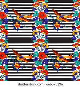 Seamless exotic bird flying and botanical border frame with tropical flowers print stripes pattern geometric retro background vector design, fashion, shirt, textile, greeting card, invitation, wedding