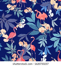 Seamless Exotic Bird Vector Flamingo Pattern 