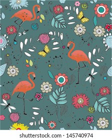 Seamless exotic brazil flamingo bird background pattern in vector