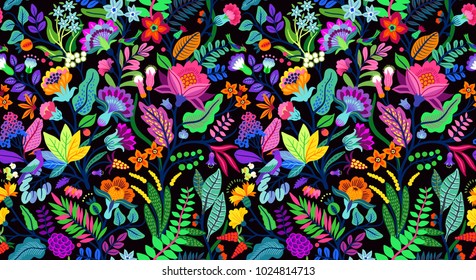 Seamless exotic floral pattern with bright colorful flowers and tropic leaves on a dark blue background. The elegant the template for fashion prints. Modern floral background. Trendy Folk style