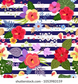 Seamless exotic floral pattern with hibiscus, clematis, nasturtium, rose, poppy, umbrella flowers, viburnum inflorescence, various leaves and bird cherry berries on striped background. 