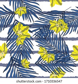 Seamless exotic foliage floral striped pattern leaves and flowers repeat endless nature background cover texture for textile, curtains, clothing, linens, wallpapers, fashion fabric prints