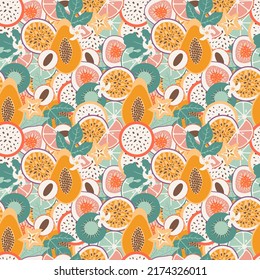Seamless exotic fruit pattern. Juicy tropical cocktail with fruit slices, leaves, flowers. Hand drawn doodle vector illustration. Bright summer print for fabric, wallpaper, wrapping paper, background