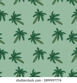 Seamless exotic nature pattern with doodle palm tree ornament in green tones on pale background. Flat vector print for textile, fabric, giftwrap, wallpapers. Endless illustration.