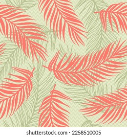 Seamless exotic palm leaves vector pattern. Floral design over waves texture backdrop. Chic palm tree leaves wallpaper. Big leaves closeup design. Travel poster background.