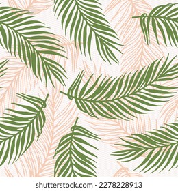 Seamless exotic palm leaves vector pattern. Floral design over waves texture backdrop. Chic palm tree branches illustration. Herbarium leaves nature design. Botany decorative print