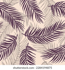 Seamless exotic palm leaves vector pattern. Botanical elements over waves texture backdrop. Trendy palm tree branches wallpaper. Plant leaves closeup pattern. Rainforest background.