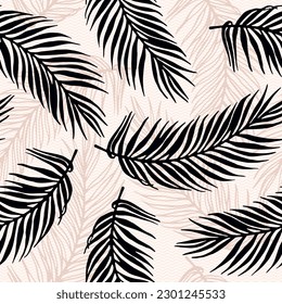 Seamless exotic palm leaves vector pattern. Botanical design over waves texture background. Elegant palm tree leaves wallpaper. Big leaves nature pattern. Botany decorative print