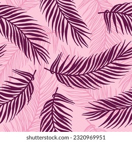 Patrón vectorial de hojas de palma exóticas sin foco. Diseño botánico sobre fondo de textura de ondas. Papel pintado de hojas de palmera coloridas. El herbario deja el patrón de verano. Fondo del bosque lluvioso.