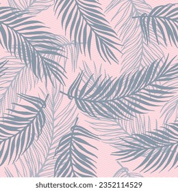 Patrón vectorial de hojas de palma exóticas sin foco. Diseño floral sobre fondo de textura de olas. Elegante árbol de palma ilustra. La planta deja el patrón de la naturaleza. Impresión de vacaciones en Tailandia.