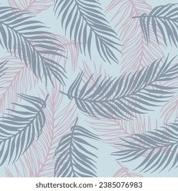Seamless exotic palm leaves vector pattern. Floral design over waves texture background. Colorful palm tree branches illustration. Plant leaves closeup design. Royal palm fabric print.