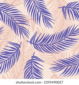 Seamless exotic palm leaves vector pattern. Floral design over waves texture backdrop. Vintage palm tree branches print. Herbarium leaves summer pattern. Contrast foliage wrapper.