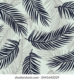 Seamless exotic palm leaves vector pattern. Floral design over waves texture backdrop. Abstract palm tree branches illustration. Big leaves nature design. Rainforest background.
