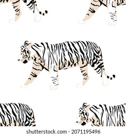 Seamless exotic pattern with abstract animal silhouettes. Vector hand drawing illustration. Vector seamless pattern with cute tigers on an white background. Show of circus animals. Fashionable fabric