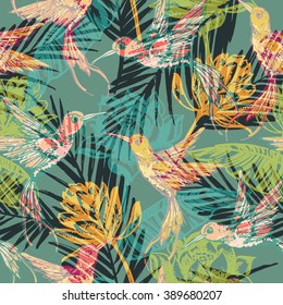 Seamless exotic pattern with abstract palm leaves and colibri. Vector hand draw illustration.