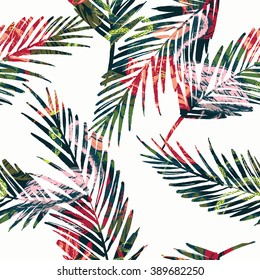 Seamless exotic pattern with abstract palm leaves and tropical animals. Vector hand draw illustration.