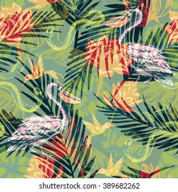 Seamless exotic pattern with abstract palm leaves and tropical animals. Vector hand draw illustration.