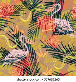 Seamless exotic pattern with abstract palm leaves and tropical animals. Vector hand draw illustration.