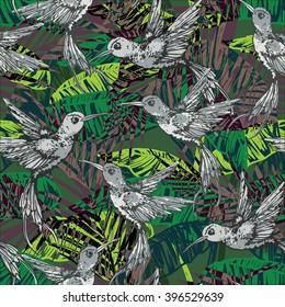 Seamless exotic pattern with abstract palm leaves and colibri. Vector hand draw illustration.