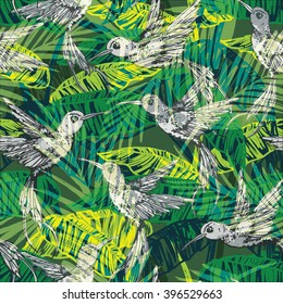 Seamless exotic pattern with abstract palm leaves and colibri. Vector hand draw illustration.
