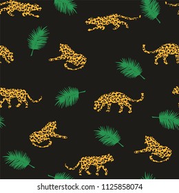Seamless exotic pattern with abstract silhouettes of leopards. Vector hand draw design.