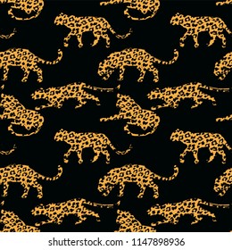 Seamless exotic pattern with abstract silhouettes of leopards. Vector hand draw design.