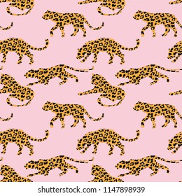 Seamless exotic pattern with abstract silhouettes of leopards. Vector hand draw design.