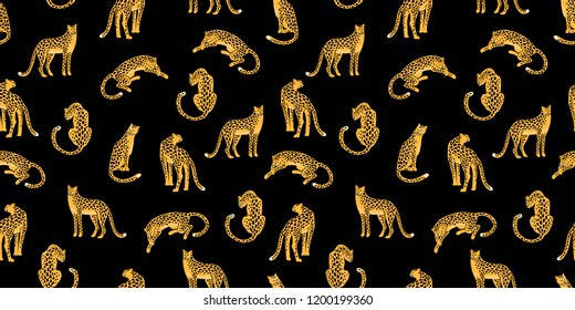 Seamless exotic pattern with abstract silhouettes of leopards. Vector hand draw design.