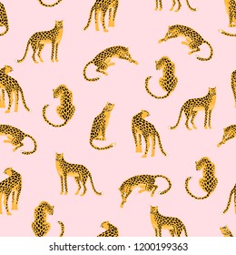 Seamless exotic pattern with abstract silhouettes of leopards. Vector hand draw design.