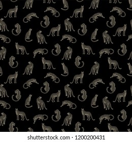 Seamless exotic pattern with abstract silhouettes of leopards. Vector hand draw design.