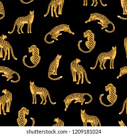 Seamless exotic pattern with abstract silhouettes of leopards. Vector hand draw design.