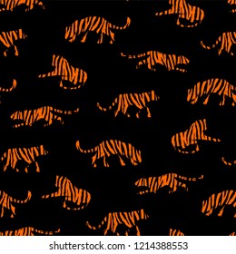 Seamless exotic pattern with abstract silhouettes of tigers. Vector hand draw design.
