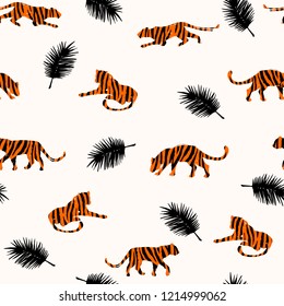 Seamless exotic pattern with abstract silhouettes of tigers. Vector hand draw design.
