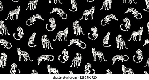 Seamless exotic pattern with abstract silhouettes of leopards. Vector hand draw design.