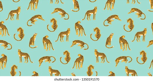 Seamless exotic pattern with abstract silhouettes of leopards. Vector hand draw design.
