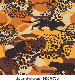 Seamless exotic pattern with abstract silhouettes of wild cats. Vector hand draw illustration.