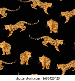 Seamless exotic pattern with abstract silhouettes of leopard animals. Hand draw illustration. Black background.