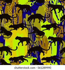 Seamless exotic pattern with abstract silhouettes of animals. Vector hand draw illustration