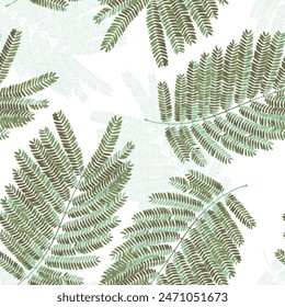 Seamless exotic pattern with Albizia amara leaves patterns. Silk tree green leaf patterns with shadows 3D background design. simple leaf allover desin background for used textiles..,