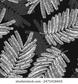 Seamless exotic pattern with Albizia amara leaves patterns. Silk tree black and white leaf patterns with shadows 3D background design. simple leaf allover desin background for used textiles..,